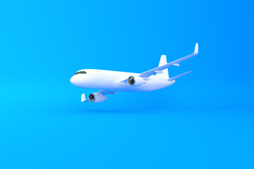 Airplane on a blue background with copy space. Minimal style design. 3d rendering illustration