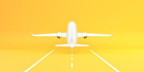 Airplane taking off the runway on a yellow background with copy space. Minimal style design. Front view. 3d rendering illustration