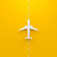 Airplane on a yellow background with copy space. Minimal style design. Top view. 3d rendering illustration