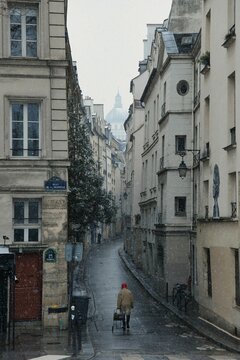 Vertical shot of a narrow Quai de la tournelle street during snowfall in Paris, France