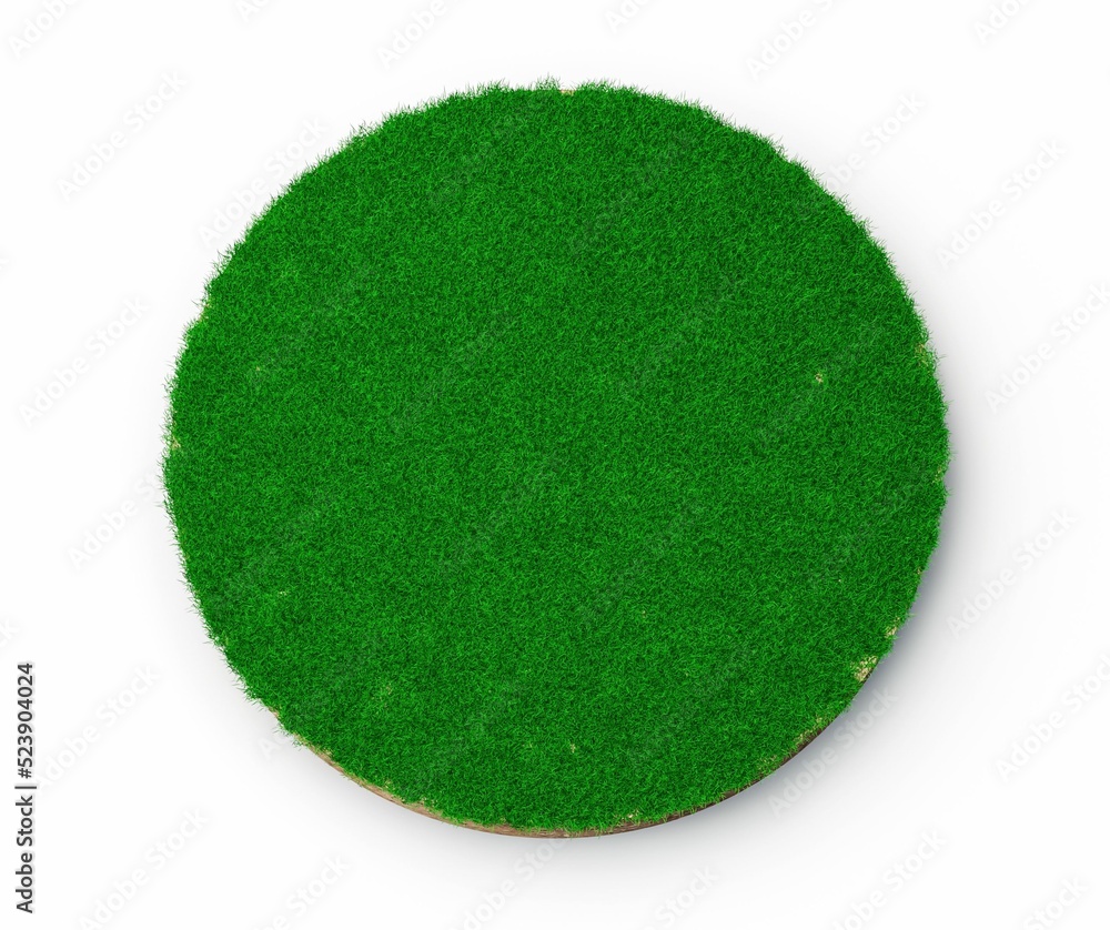 Poster 3D rendering of a circular slice of a green field isolated on white background