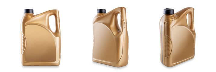 Golden engine oil canister mock up without label - plastic bottle container for car motor lubricant or fuel isolated on white background
