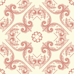 Hand Drawn Vintage damask ornamental elements endless background. Baroque scroll ornament seamless pattern. Elegant floral pattern in antique style. Decorative foliage swirl.