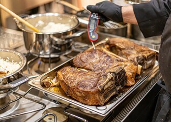 Hand of a chef checking the temperature of hot roasted meat