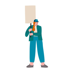 Demonstration. Girl holding banners, worker with blank placard. Protest crowd, rally for peace or rights. Eco activists. vector character