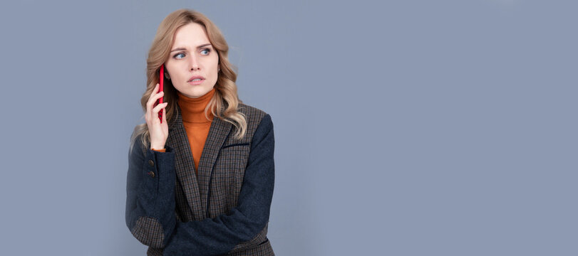 Hello. businesswoman talk on phone. Phone conversation. Woman portrait, isolated header banner with copy space.
