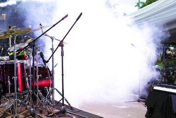 Concert stage drums and keyboard view band presentation  