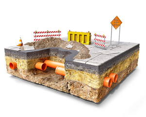 Road works on the isolated slice of ground, digged hole and soil mound fenced by the road barriers, underground pipes repair, changing, renovation, 3d illustration