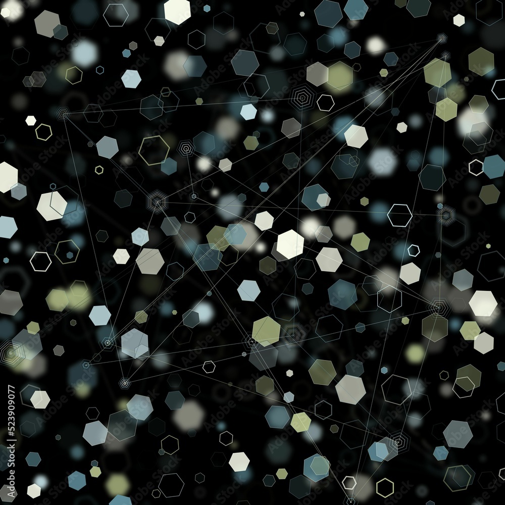 Poster illustration of an abstract light dots and blurred hexagon backdrop like bokeh spot hex shapes