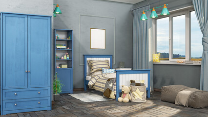 Modern boy's children room in blue, grey and white tones, with wooden bed, wardrobe, shelf and cozy soft chair, 3d illustration