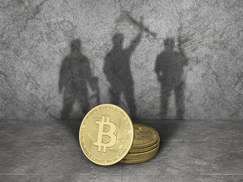Bitcoin stack cast shadow in form of silhouette terorist. 3d illustration