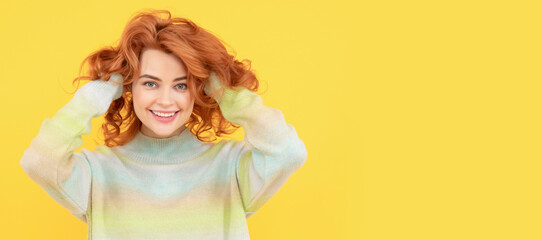 Woman isolated face portrait, banner with copy space. Portrait of beautiful cheerful redhead girl curly hair smiling laughing looking at camera.