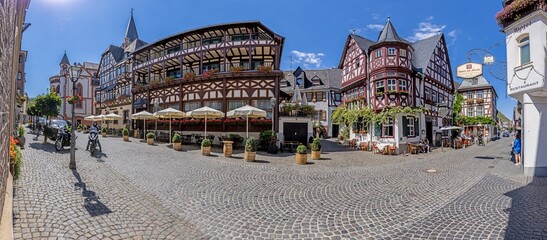 Panoramic view over the historic half-timbered houses of the idyllic German wine village Bacharach