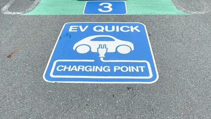A sign for an EV quick charger on the floor of a rooftop parking lot at an AEON Shopping Mall