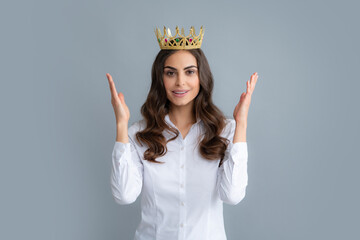Proud arrogant woman with gold crown. Happy woman in crown, self confident queen, princess in diadem tiara. Selfishness concept. - obrazy, fototapety, plakaty