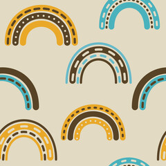 Rainbow groovy 1970 good vibes seamless vector pattern background. Warm retro abstract wallpaper, 70s neutral baby decor
