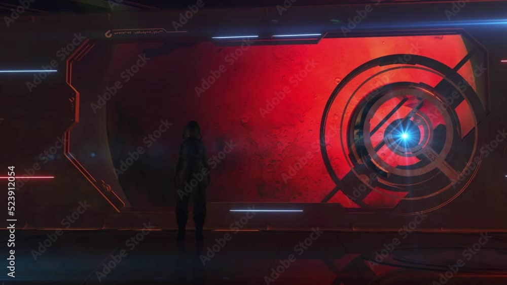 Poster an astronaut is standing in a spaceship, 3d render
