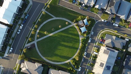 Aerial view of the green lawn with a circular pathway.