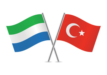 Sierra Leone and Turkey crossed flags. Sierra Leonean and Turkish flags on white background. Vector icon set. Vector illustration.