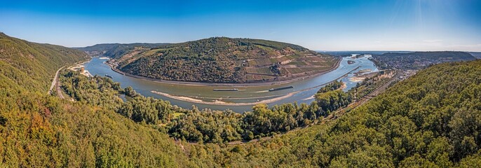 Drone panorama view over the Rhine with Bingen mouse tower at water record low