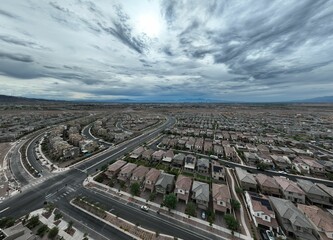 Aerial view of houses in Henderson on a cloudy day