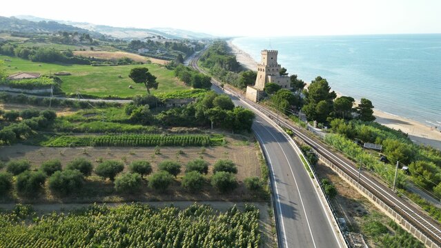 Aerial view of the Tower of Cerrano with Pineto beach in the background