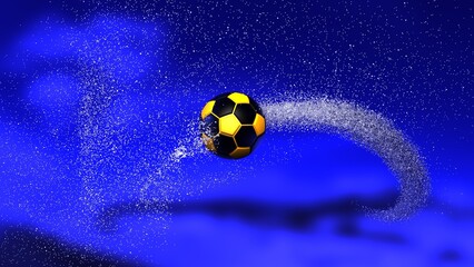 Black-Yellow Soccer Ball with Diamond Water Particles under Black-Blue Sky Lighting Background. 3D illustration. 3D high quality rendering. 3D CG.