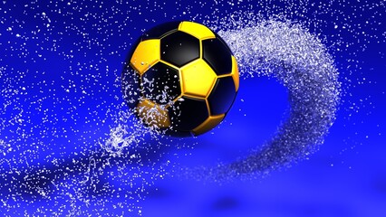 Fototapeta premium Black-Yellow Soccer Ball with Diamond Water Particles under Black-Blue Sky Lighting Background. 3D illustration. 3D high quality rendering. 3D CG.
