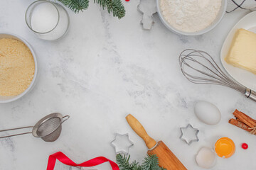 Utensils and ingredients for Christmas baking.