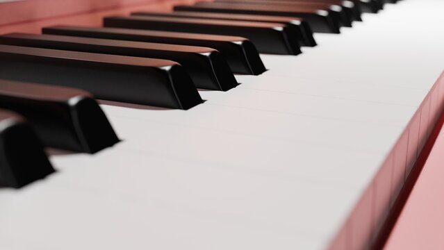 Pure pink-gold Grand Piano under spot lighting background on black surface. 3D illustration. 3D CG. 3D high quality rendering.  