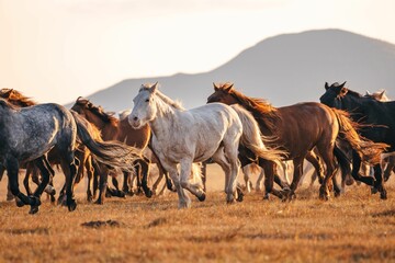 Group of gorgeous wild horses galloping through a golden field under the sun in China