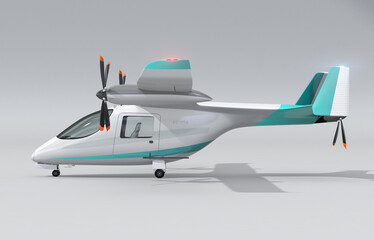 Side view of white Electric VTOL passenger aircraft on gray background. Urban Passenger Mobility concept. 3D rendering image.