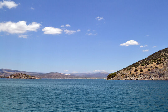 View of Romvi island and Koronisi island in Tolo, Greece.