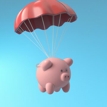 
Um cofrinho caindo de um paraquedas em um fundo azul suave, renderiza&ccedil;&atilde;o 3D, ilustra&ccedil;&atilde;o 3D