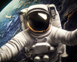 An astronaut taking a selfie while diving  in the space with the earth in the background digital art
