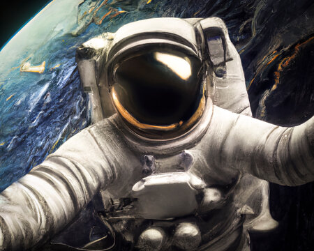 An astronaut taking a selfie while diving  in the space with the earth in the background digital art