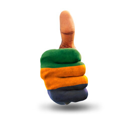 Thumbs up painted in Gabonese flag colors isolated on white background. National flag of Gabon