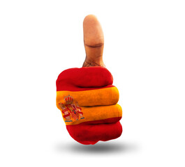 Thumbs up painted in Spanish flag colors isolated on white background. National flag of Spain