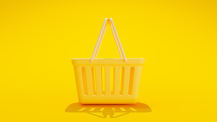 Yellow shopping basket isolated on yellow background. Can be used in e-commerce banner or shop online background. Designed in minimal concept, 3D Render.