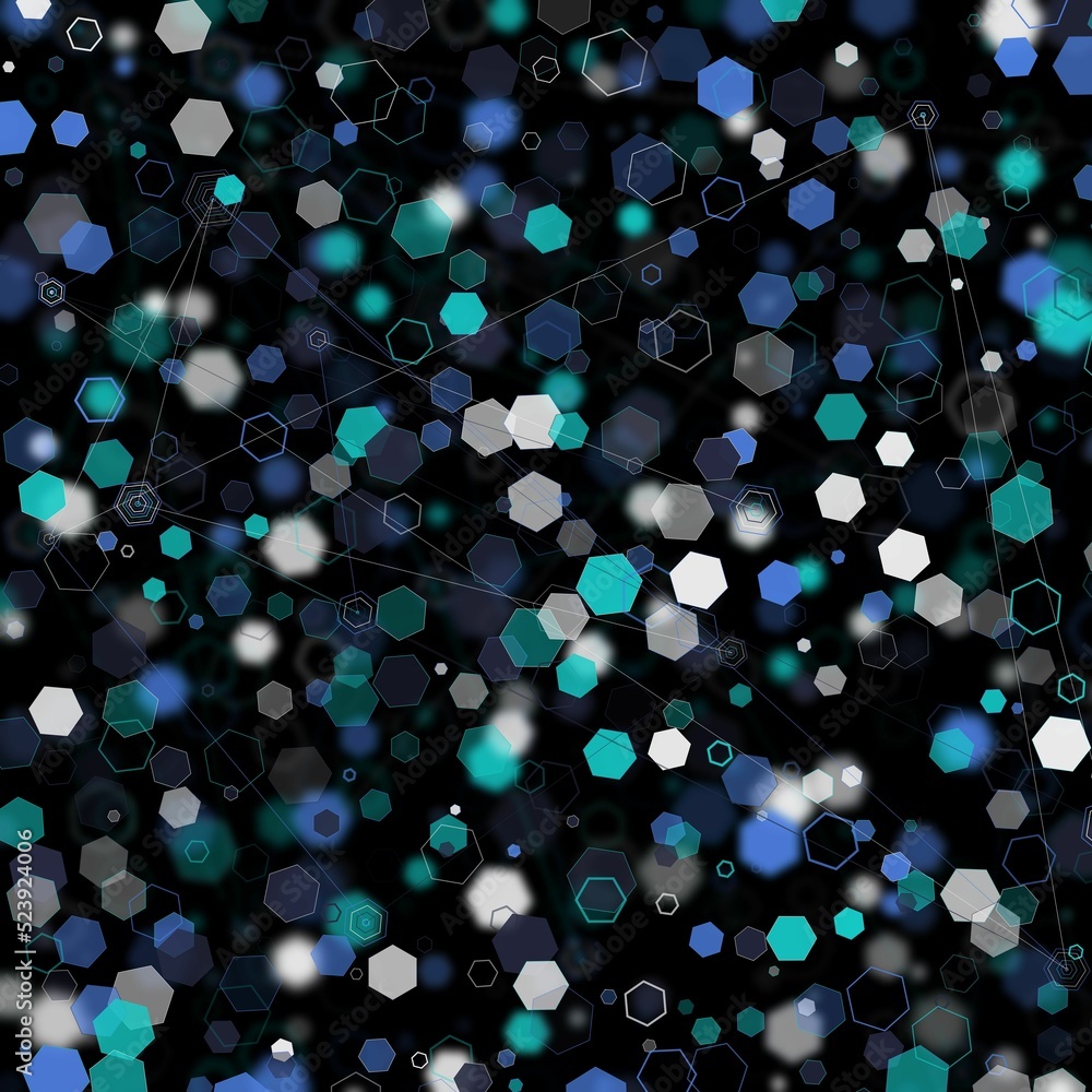 Poster illustration of an abstract light dots and blurred hexagon backdrop like bokeh spot hex shapes