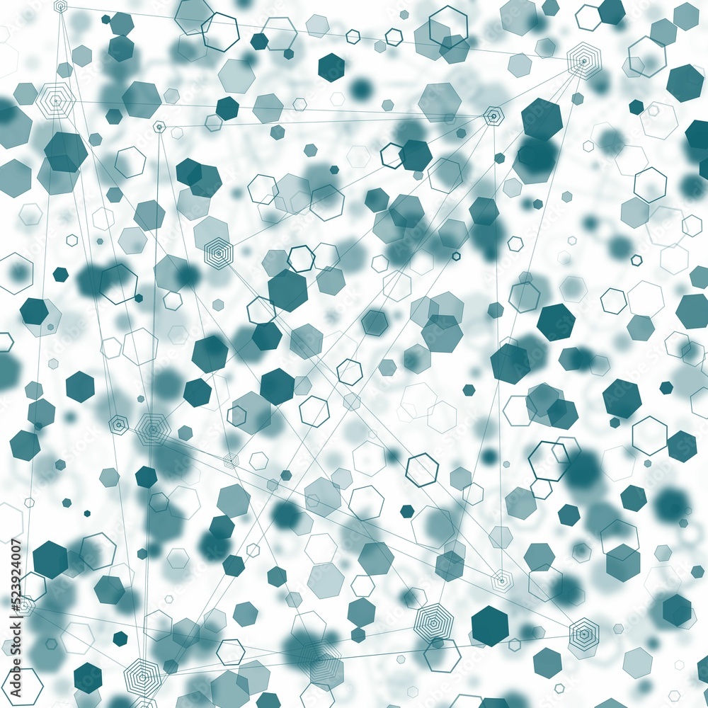 Poster illustration of an abstract light dots and blurred hexagon backdrop like bokeh spot hex shapes