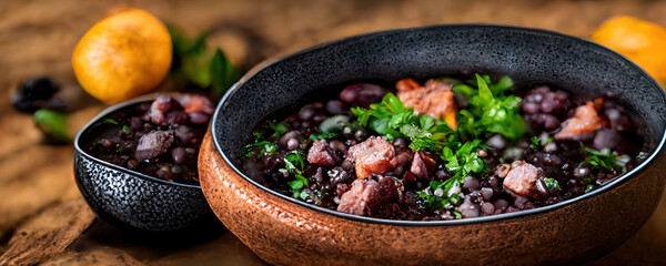 Detail of feijoada with black beans with pepperoni bacon and jerky. Traditional Brazilian food. Concept generated in Ai.