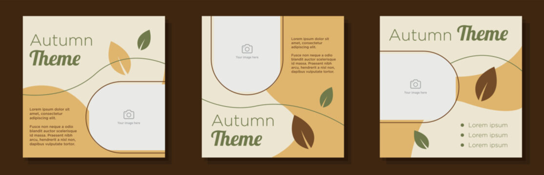 Autumn theme social media post, banner set, seasonal sale advertisement concept, warm brown color marketing square ad template, offer abstract print, isolated on background