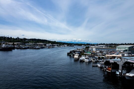Scenic view of boats moored on the Ballard docks in Seattle