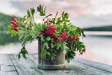 Closeup of a Mountain Ash plant in a pot outdoors with a waterscape in the background