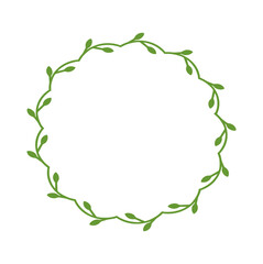 Fototapeta na wymiar Simple round wreath with contour branches. Border of green leaves. Decorative design element. Doodle frame for logo invitation