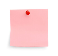 Blank pink note pinned on white background, top view