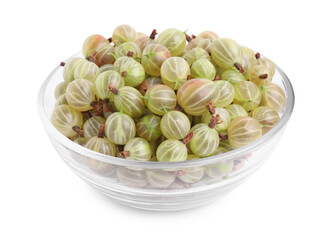 Glass bowl full of ripe gooseberries isolated on white