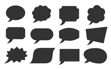 Speech bubble black silhouette, geometric shapes set. Empty cloud, balloon speak banners. Glyph blank frame for comic, social, advertising, dialog, comment text. Web symbol, chat communication sign.