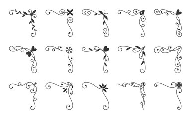 Retro corner frame element black line set. Fancy vintage flourish pattern design accent. Abstract victorian filigree engraving decor. Elegant antique calligraphic floral simple ornate swirl symbol
